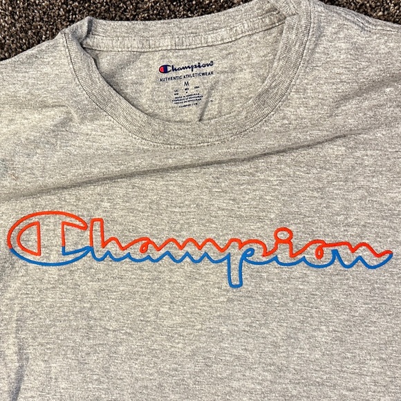 Like New Champion Men's SS Gray Tee w Red & Blue Cursive Logo, Medium - Picture 2 of 2